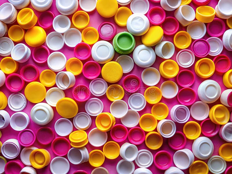 Lebhafte farbige Plastikflaschen auf violettem Hintergrund Eine TopDown Ansicht des Recyclingstoffpotenzials stock abbildung