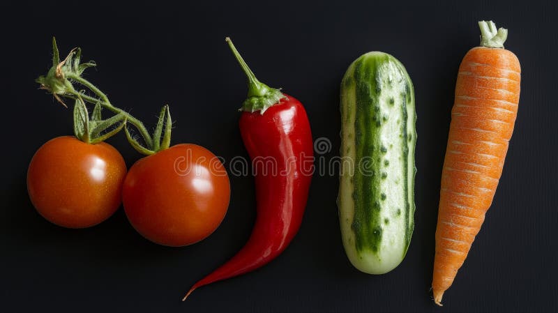 Lebhafte Gemüse auf schwarzen A Fresh Food Still Life mit Tomato Chili Carrot und Cucumber gegen einen dunklen stock abbildung
