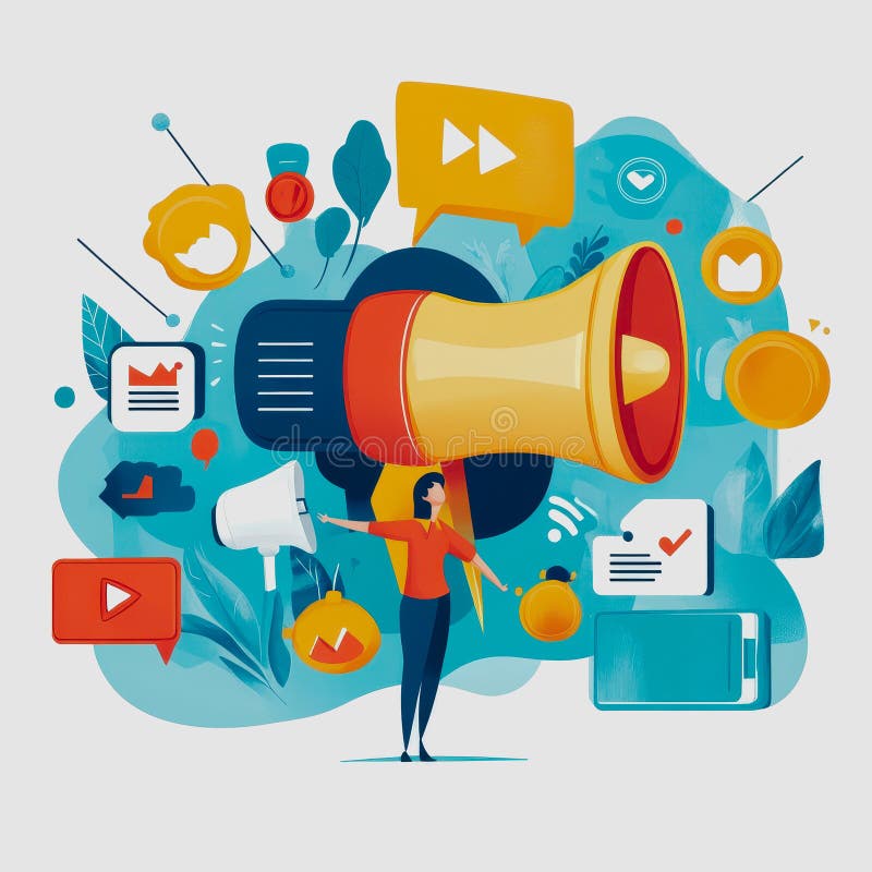 Lebhafte Illustration einer Frau, die mit einem Megaphon umgeben ist, umgeben von Symbolen für soziale Medien und Kommunikationssy lizenzfreies stockfoto