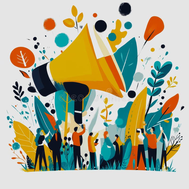 Lebhafte Illustration von Menschen, die mit einem Megaphon spielen, umgeben von farbenfrohen Blättern und Pflanzen in einer kreati lizenzfreies stockbild
