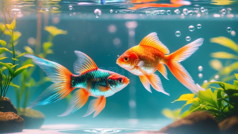 Lebhafte Jagdfische und Goldfische schwimmen zusammen in einem schönen Aquarium lizenzfreie stockfotografie