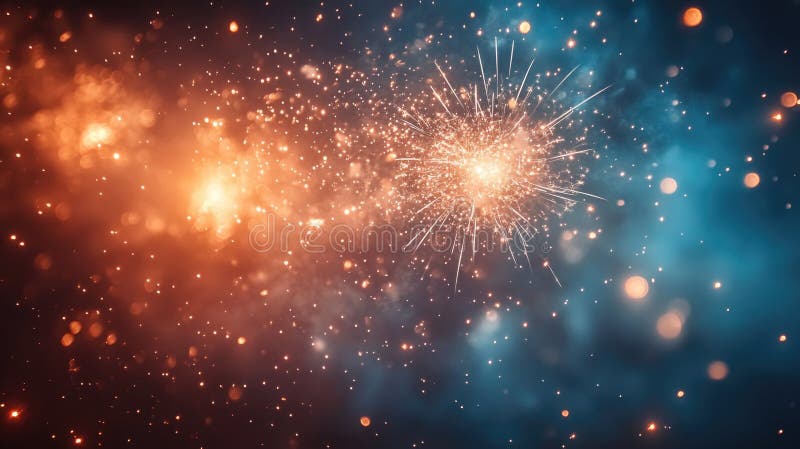 Lebhafte kosmische Explosion blauer und orangefarbener Funken im Sternenhimmel lizenzfreies stockfoto