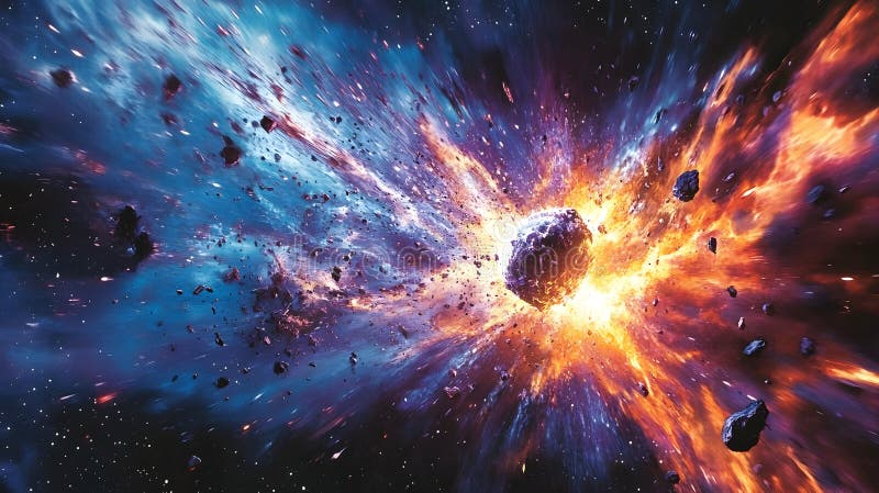 Lebhafte kosmische Explosion mit feurigen Meteoren im tiefen Raum lizenzfreies stockfoto
