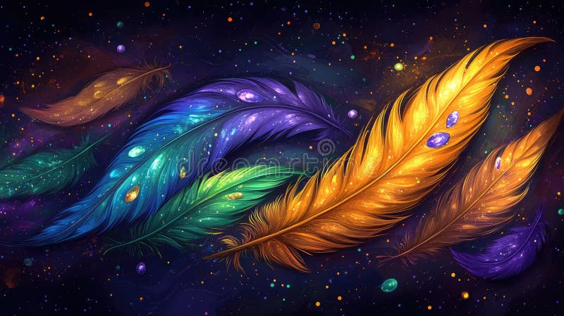 Lebhafte kosmische Federn, die zwischen funkelnden Sternen in einem farbenfrohen Universum schwebend. Mardi Gras Fat Dienstag Karn stockfotografie