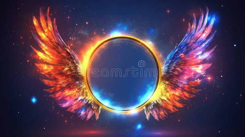 Lebhafte kosmische Flügel, die einen hellen Kreis in Sternenhimmel umgeben lizenzfreie stockfotos