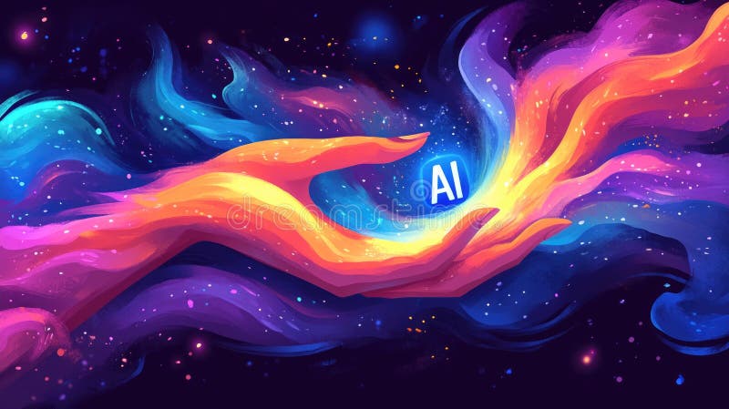 Lebhafte kosmische Handhaltung ai Symbol inmitten farbiger Nebel lizenzfreies stockfoto