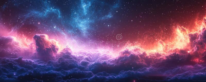 Lebhafte kosmische Landschaft mit bunten Nebel und reflektierender Wasseroberfläche stockbilder