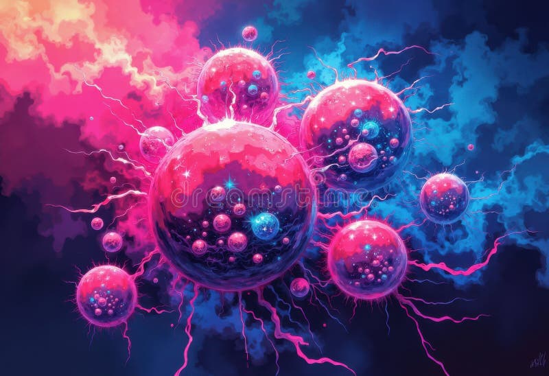 Lebhafte kosmische Sphären mit elektrischer Energie in einer farbigen Galaxie stockbilder