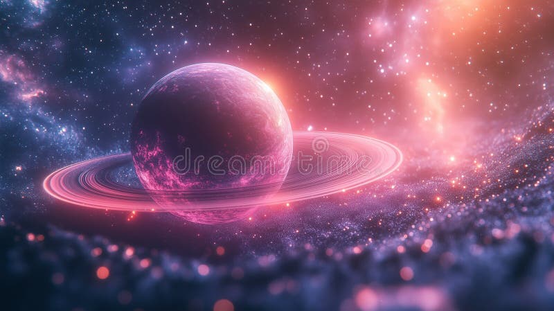 Lebhafte kosmische Szene mit einem rosa Planeten stockbild
