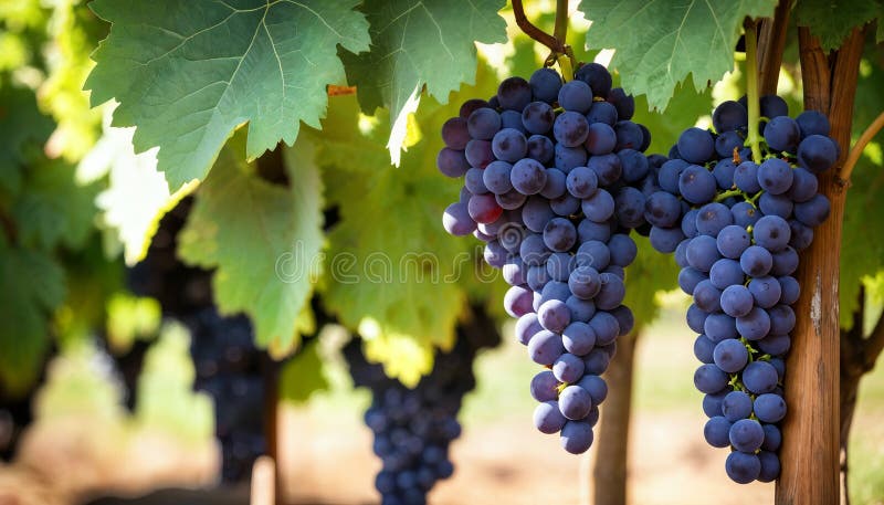 Lebhafte Weinberge mit reifen violetten Trauben und üppigen grünen Folien vektor abbildung