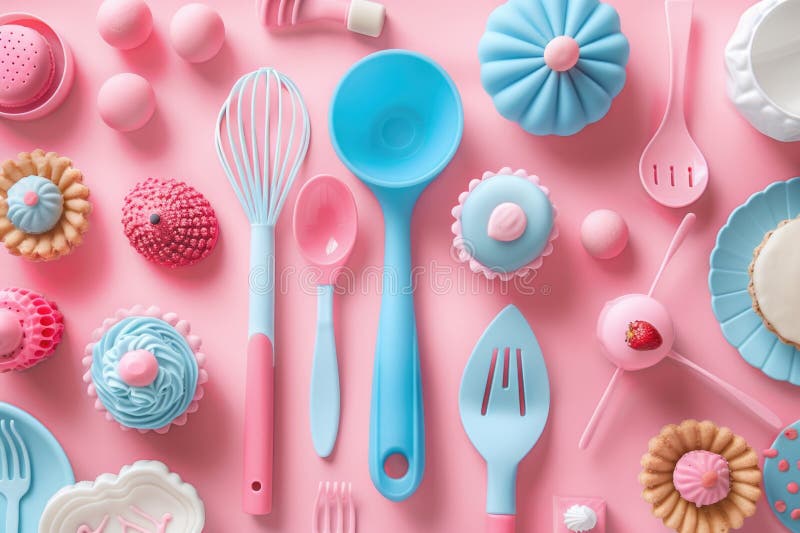 Lebhafter rosa Tisch mit Kuchen und Geschirr. Perfekt für Partyplanungen oder Bakingthemenprojekte stockfotografie