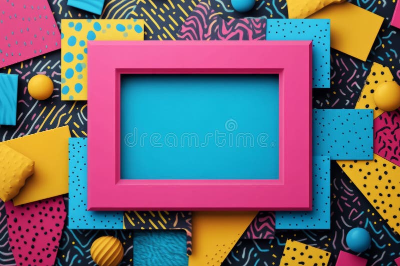 Lebhafter rosafarbener Rahmen auf einem Memphis-Designhintergrund mit farbigen geometrischen Formen und Mustern, wodurch ein auffa lizenzfreies stockbild