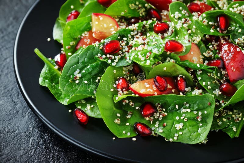 Lebhafter Salat mit Spinat Quinoa Sesamsamen und Granatapfel auf einer matten schwarzen Platte stock abbildung