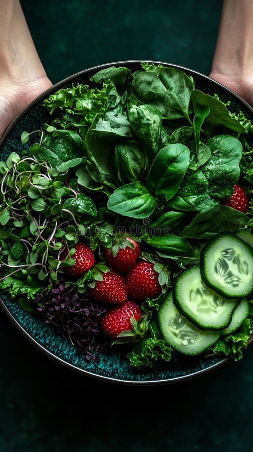 Lebhafter Sommersalat mit geschnittenem Gurkensaft aus Erdbeeren und Mikrogrün lizenzfreie abbildung