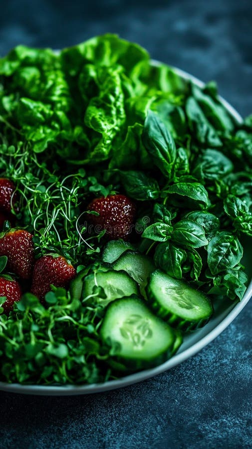Lebhafter Sommersalat mit geschnittenem Gurkensaft aus Erdbeeren und Mikrogrün vektor abbildung