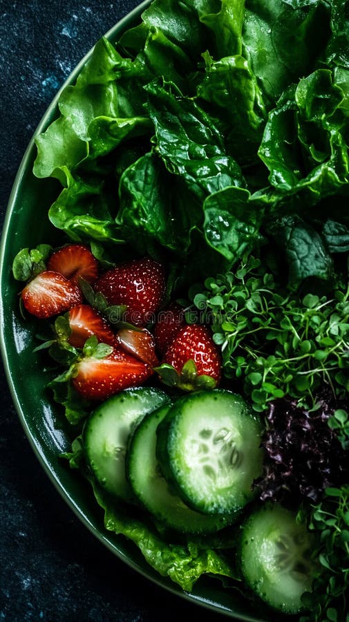 Lebhafter Sommersalat mit geschnittenem Gurkensaft aus Erdbeeren und Mikrogrün stock abbildung