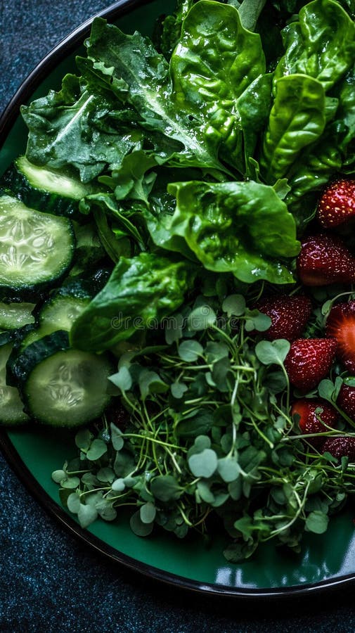 Lebhafter Sommersalat mit geschnittenem Gurkensaft aus Erdbeeren und Mikrogrün stock abbildung