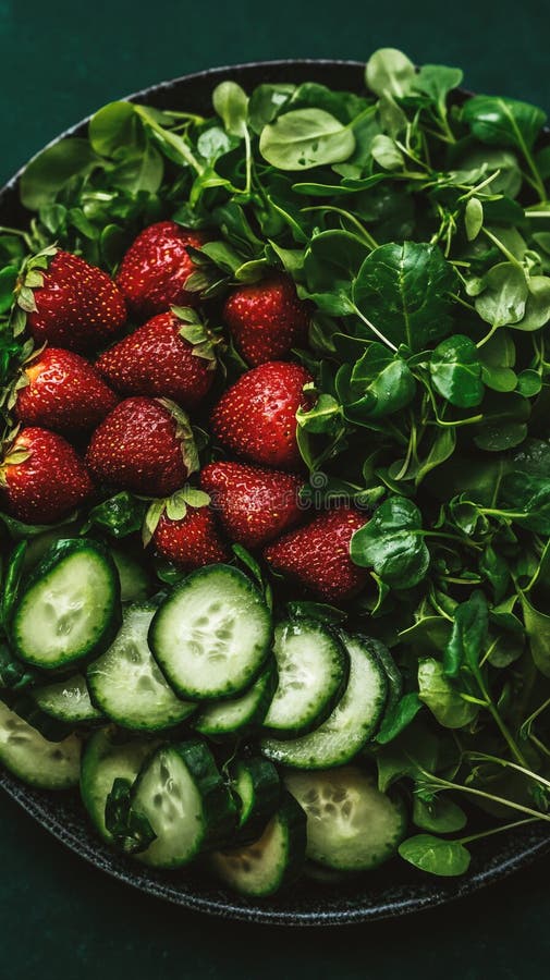 Lebhafter Sommersalat mit geschnittenem Gurkensaft aus Erdbeeren und Mikrogrün stock abbildung