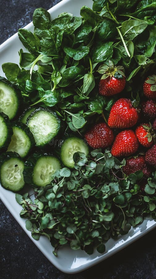 Lebhafter Sommersalat mit geschnittenem Gurkensaft aus Erdbeeren und Mikrogrün vektor abbildung