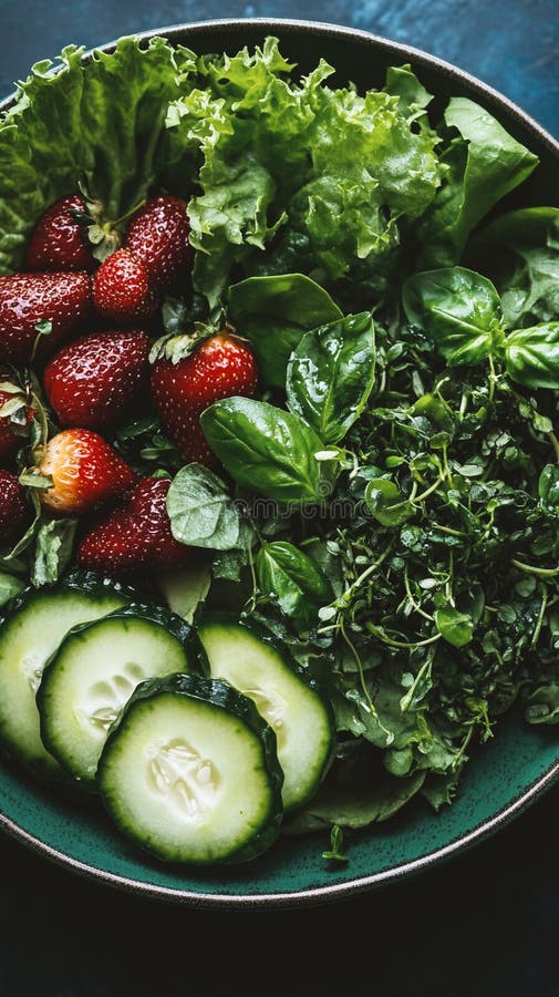 Lebhafter Sommersalat mit geschnittenem Gurkensaft aus Erdbeeren und Mikrogrün stock abbildung