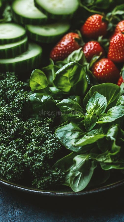 Lebhafter Sommersalat mit geschnittenem Gurkensaft aus Erdbeeren und Mikrogrün lizenzfreie abbildung