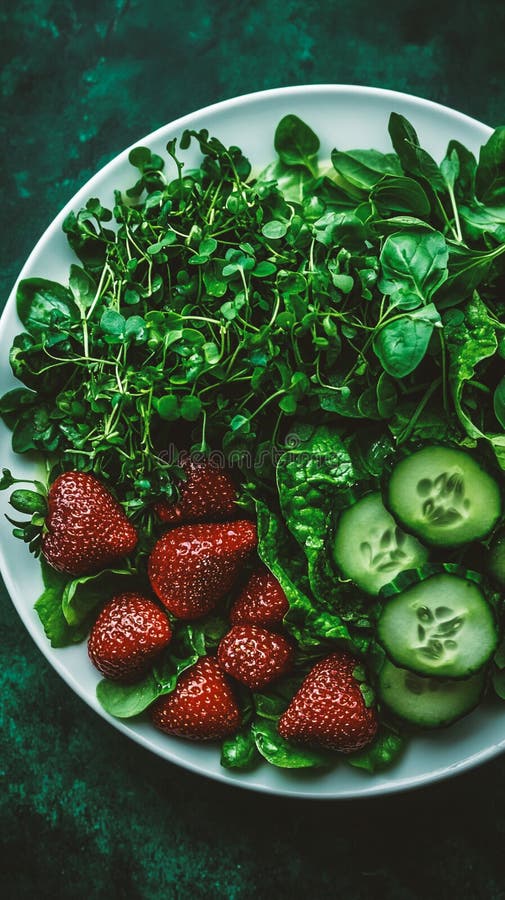 Lebhafter Sommersalat mit geschnittenem Gurkensaft aus Erdbeeren und Mikrogrün lizenzfreie abbildung