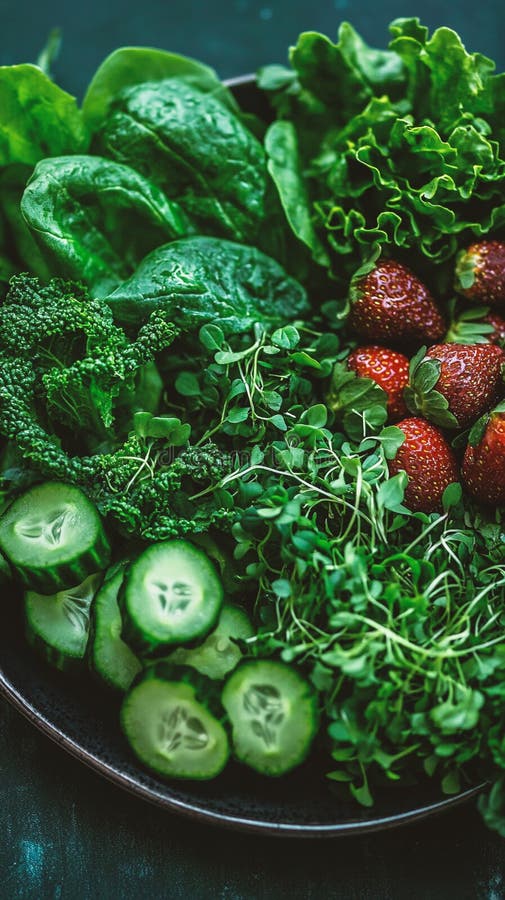 Lebhafter Sommersalat mit geschnittenem Gurkensaft aus Erdbeeren und Mikrogrün vektor abbildung