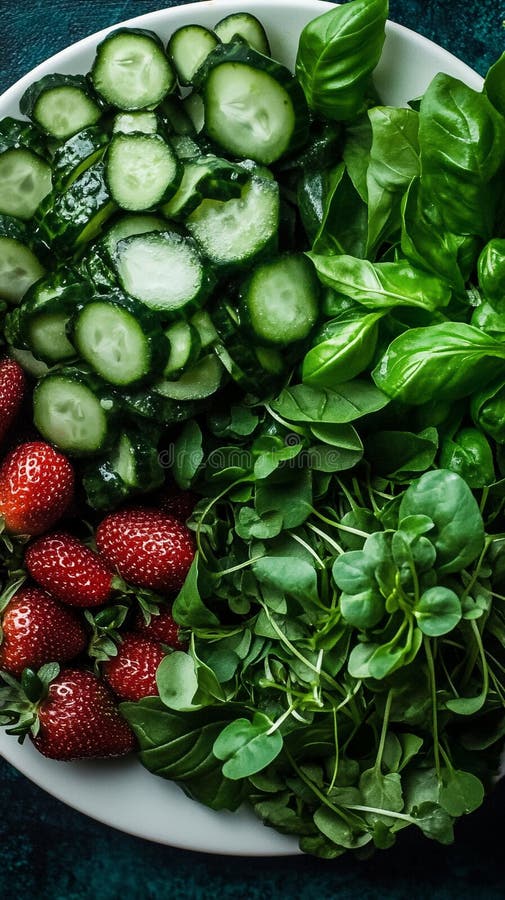 Lebhafter Sommersalat mit geschnittenem Gurkensaft aus Erdbeeren und Mikrogrün stock abbildung