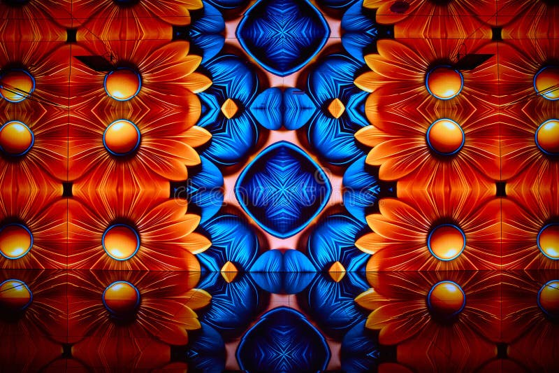 Lebhaftes abstraktes Blumendesign mit symmetrischer Ansicht von Mustern auf Augenhöhe stockbilder