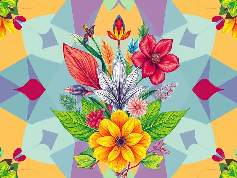 Lebhaftes botanisches Burst Geometrisches Hintergrundbild für moderne Innenräume und Mode stock abbildung