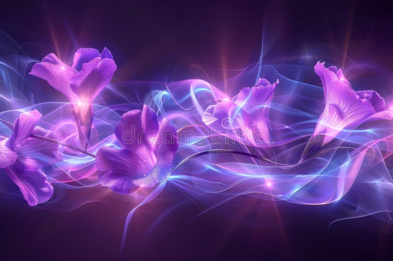 Lebhaftes botanisches Design mit Blumen und Blüten mit fluoreszierenden Linien Texturen und Tiefe stock abbildung