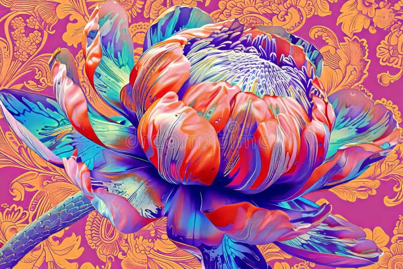 Lebhaftes botanisches Design mit Blumen und Knospen mit fluoreszierenden Linien Texturen und Tiefe lizenzfreie abbildung