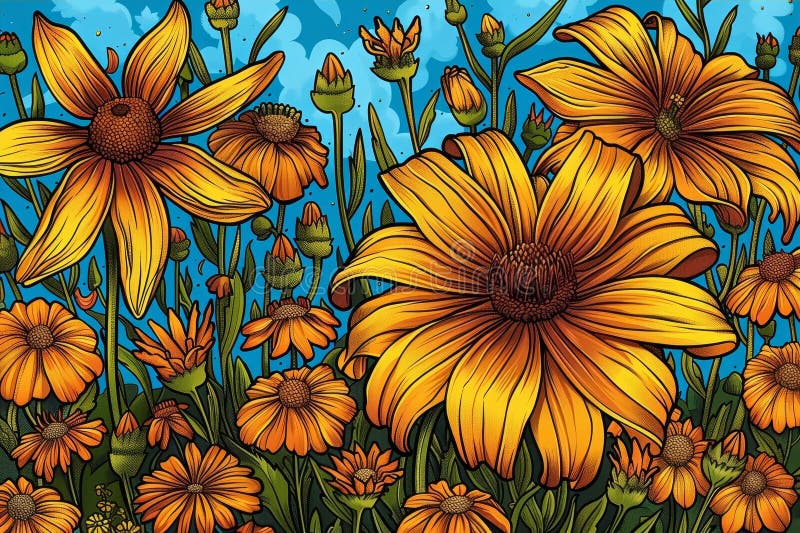 Lebhaftes botanisches Kunstwerk mit Blumen und Knospen mit fluoreszierender Linienstruktur und Tiefe lizenzfreie abbildung