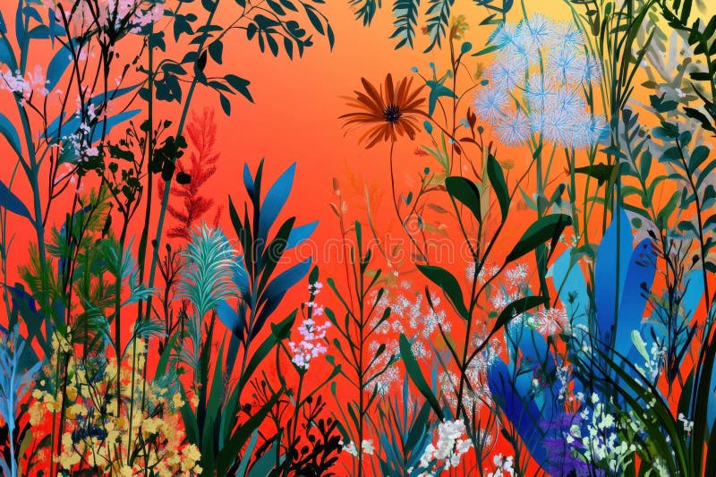 Lebhaftes botanisches Wunderland mit bunten Blättern und Blumen für kreatives Design vektor abbildung