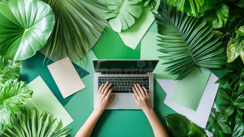 Lebhaftes Büroumfeld mit Grünpflanzen für eine Frau, die mit ihrem Laptop beschäftigt ist und Designdokumente stockbild