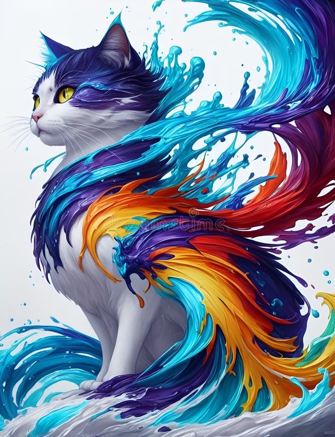 Lebhaftes Design eines Katzenportraits mit Farbspritzen. ai-generierte Abbildung stockfotografie