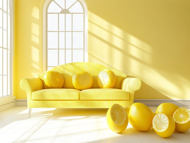 Lebhaftes Gelbzimmer mit Zitronencouch und Zitrusdekor. Sonniges Interieur Licht Sommer Vibes Modernes Design stock abbildung