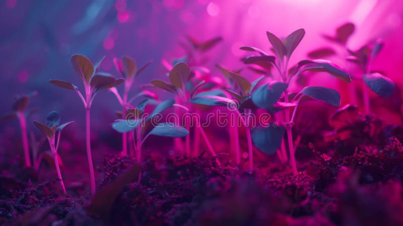 Lebhaftes rosa Licht steigert das Wachstum in einem futuristischen Garten mit jungen Samen lizenzfreies stockbild