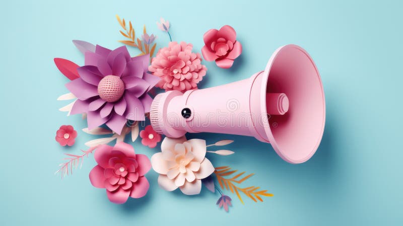 Lebhaftes rosa Megaphon, umgeben von farbenfrohen Papierblumen, perfekt für Werbe- oder Kommunikationskonzepte lizenzfreies stockfoto