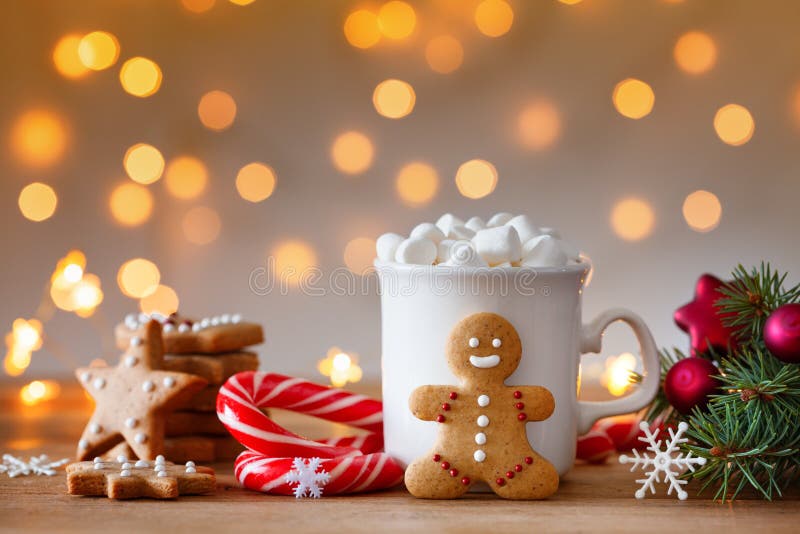 Lebkuchenmann, heißer Kakaobecher mit Marshmallow und Weihnachtsflosszweig