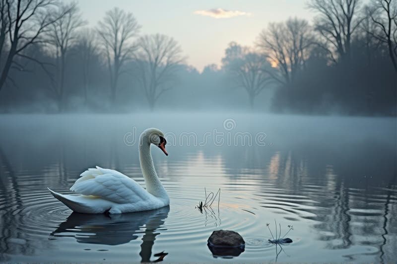 Lebădă liniștită pe lacul cețos în zori înconjurat de copaci goi royalty free stock photography