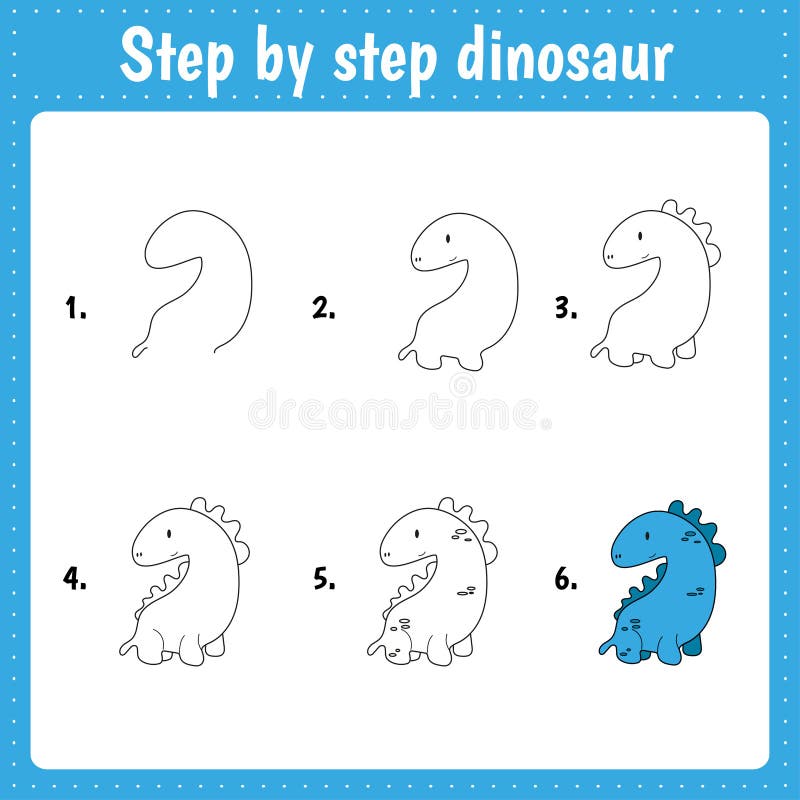  Lección De Dibujo Para Niños. Cómo Dibujar Un Dinosaurio De Dibujos Animados. Ilustración del Vector