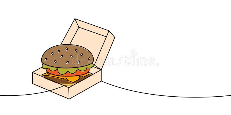 Lecker Burger in Kartonschachtel, durchgestrichen. Traditionelles amerikanisches Fast Food. lizenzfreie abbildung