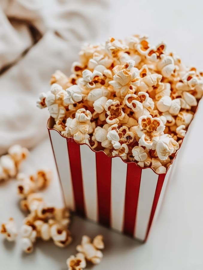 Lecker frisch gepoppter Popcorn in klassischer rot-weiß gestreifter Box für Filmabende oder Party Snack stock abbildung