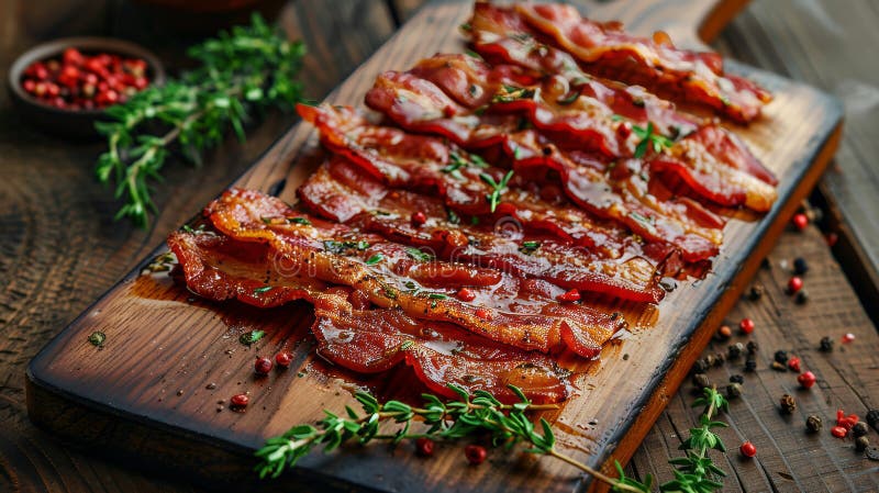 Lecker gebratener Speck mit frischem Thymian auf rustikalem Holzbrett zum Verkauf in Stock Fotosammlung vektor abbildung