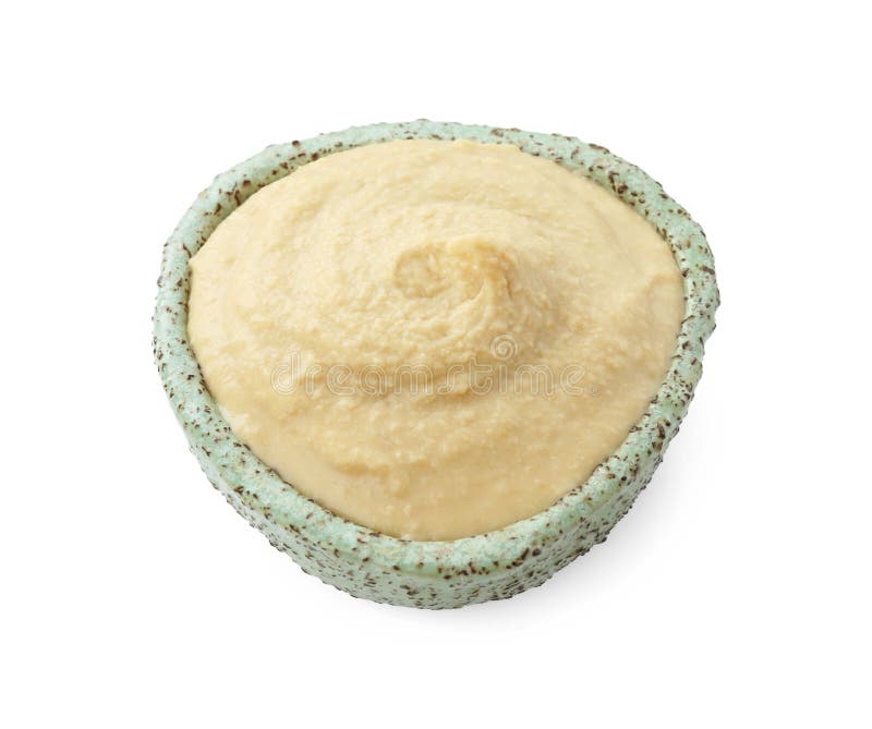 Lecker Hummus in einer Schale isoliert auf weiß stockfoto