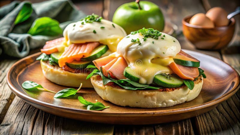 Leckere Eier mit geräuchertem Lachs und Gurken auf einem rustikalen Holztisch. Generative AI vektor abbildung