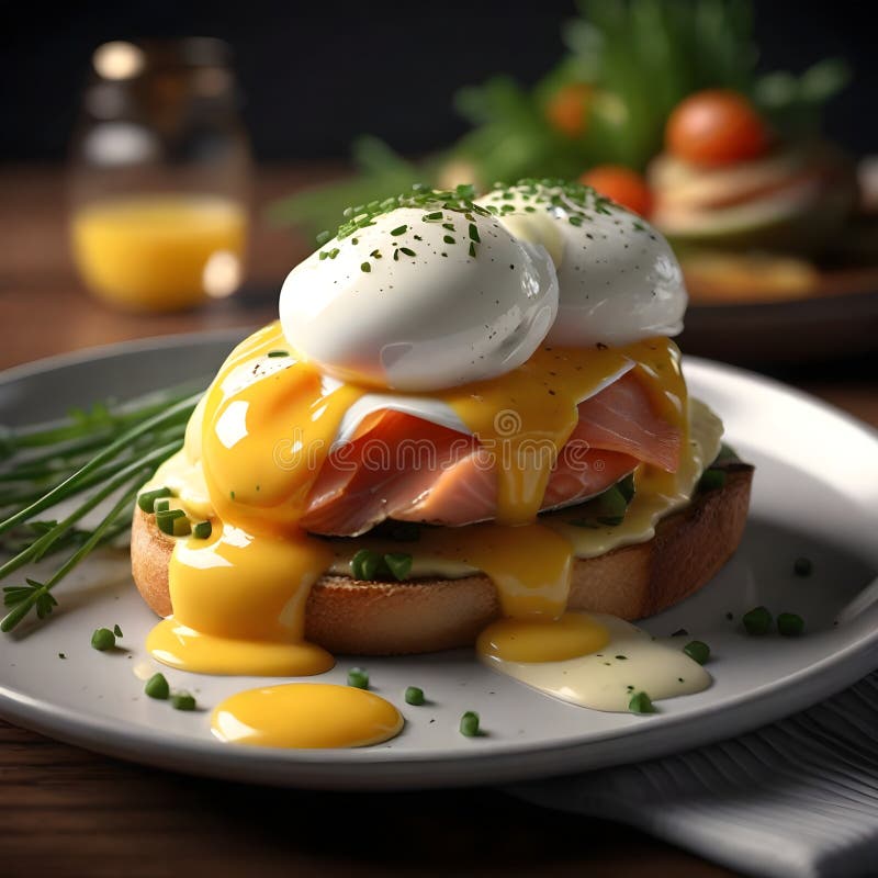 Leckere Eier mit geräucherter Lachs-Hollandaise-Sauce und Küken auf weißem Teller stock abbildung