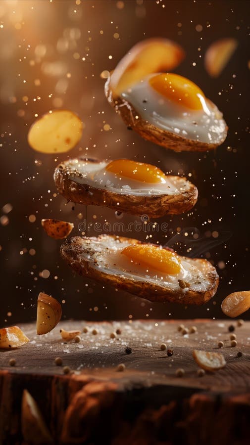 Leckere Eier mit Kartoffeln schwimmend in der Luft professionelle Lebensmittel Fotografie Studio Hintergrund Werbung Fotografie lizenzfreie abbildung