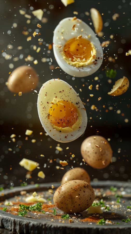 Leckere Eier mit Kartoffeln schwimmend in der Luft professionelle Lebensmittel Fotografie Studio Hintergrund Werbung Fotografie lizenzfreie abbildung
